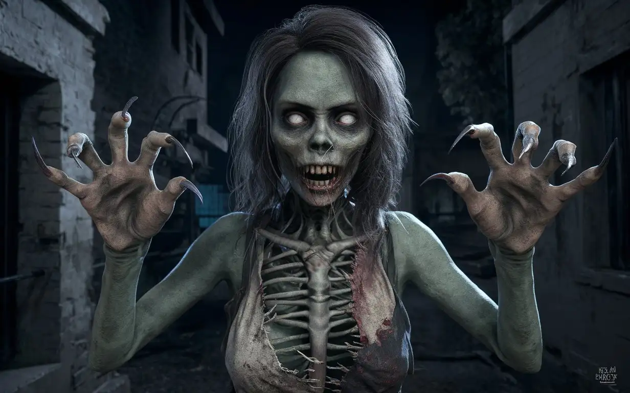 Female-Zombie-with-Sharp-Clawed-Hands-in-Dark-Dilapidated-Building