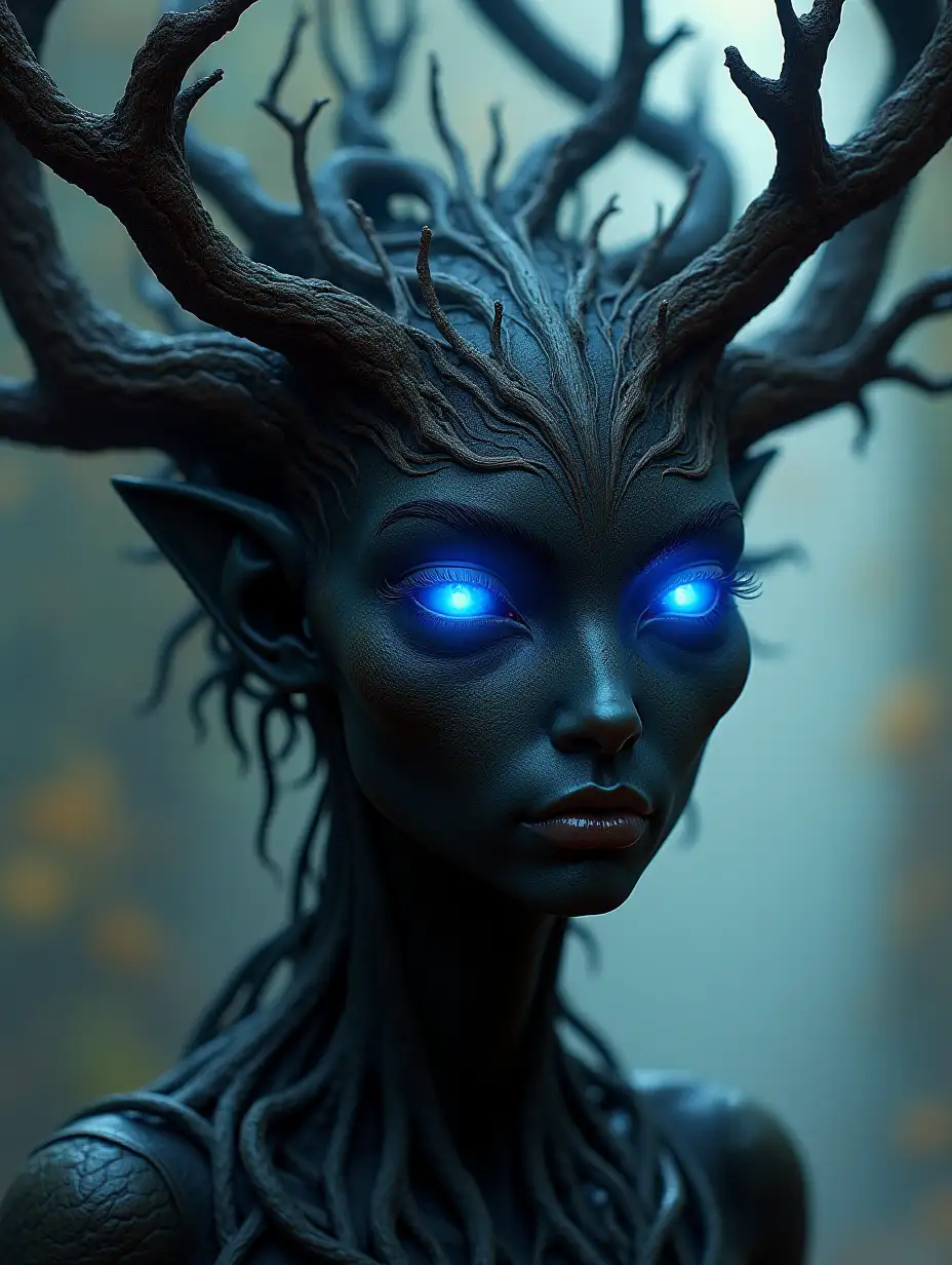 a strange looking female alien black creature with a tree on its head and blue lighting eyes, with a lot of hair and eyes, intricate concept art, Saturated colors, complex background, fantasy art, concept art, Ed Binkley, maximally details, sharpen, contrast, hdr