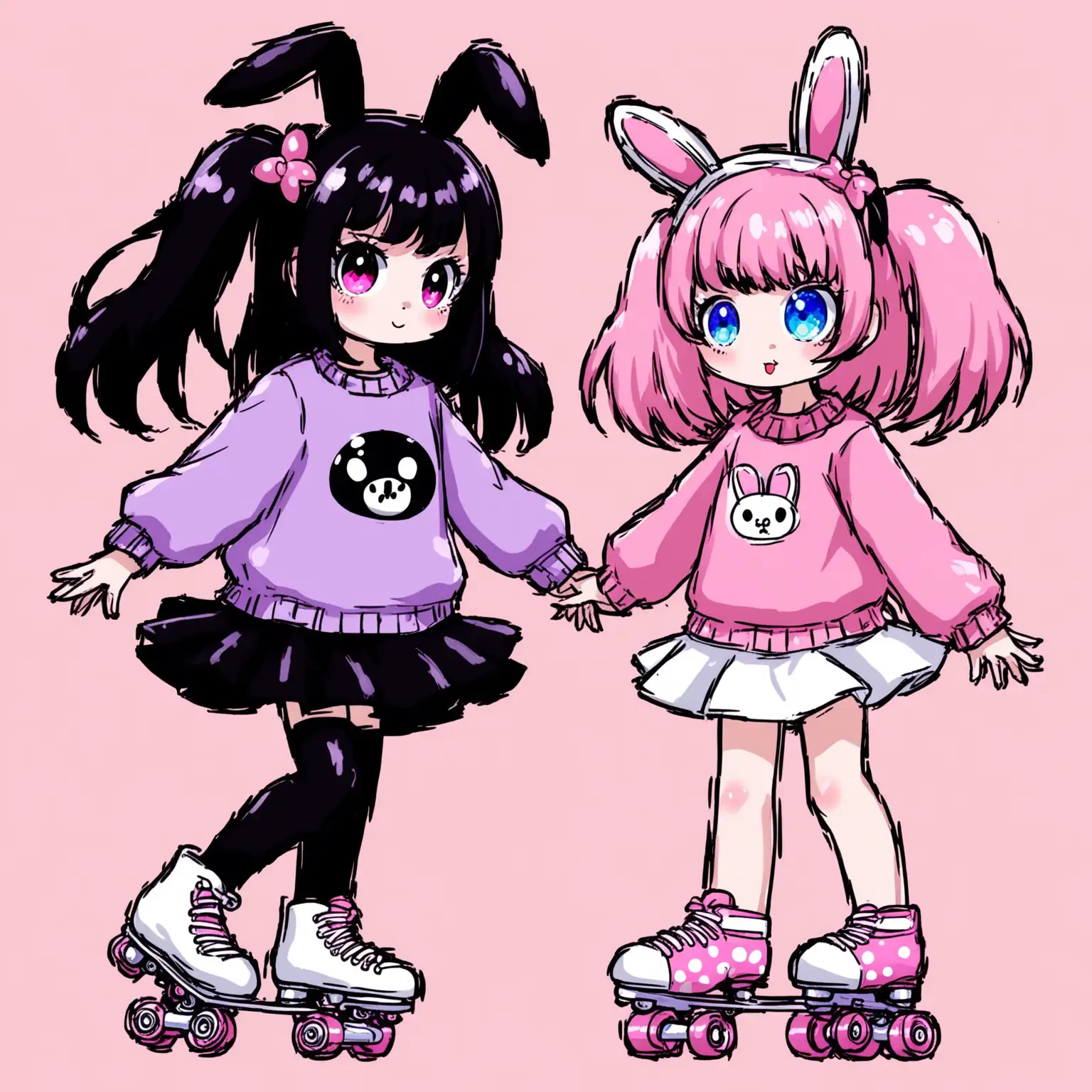 Kuromi and My Melody Human Girls Roller Skating in Cute Outfits