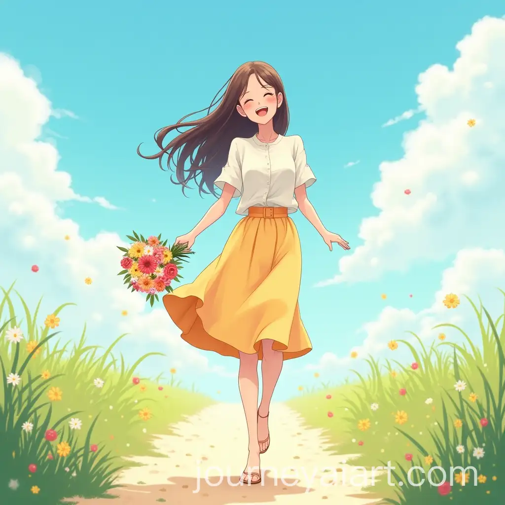 Cheerful-Woman-Walking-with-Vibrant-Bouquet-under-Sunny-Sky
