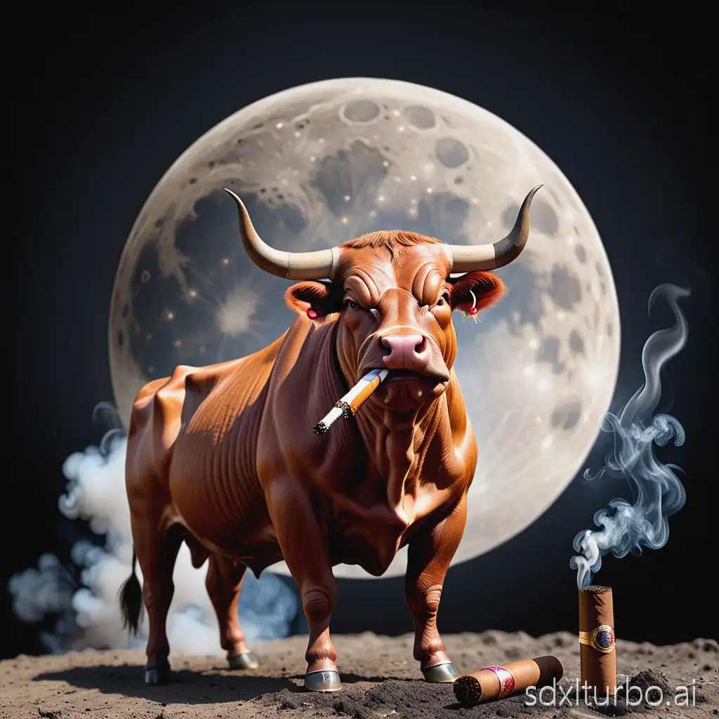 A BULL IN THE MOON SMOKING A CIGAR