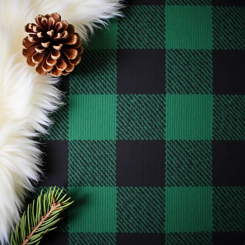 Cozy Winter Background with Green and Black Plaid and Pine Elements