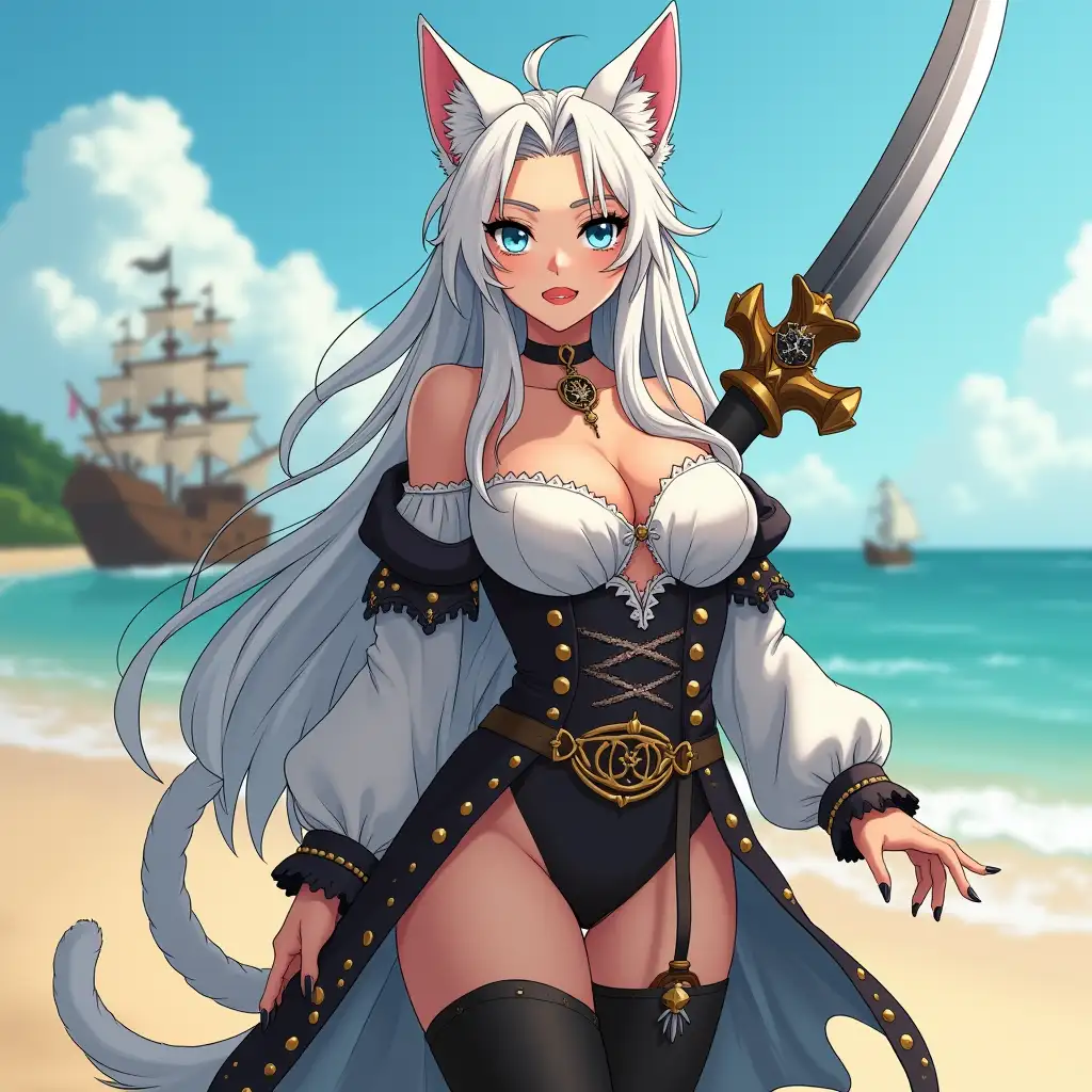 A mature adult feline/woman dressed as a pirate with a sword on a beach.  A pirate ship in the background. Her 30-something years are disguised by her youthful facial features, except for her subtle wrinkles around the eyes, extremely slender body. Her ample bosom strains against her clothing, threatening to burst free from the fabric, extreme cleavage.  Wearing black thigh high pirate boots. She has piercing blue cat eyes. A choker adorns her neck, a subtle hint at her feline nature. Her long, white hair cascades down her back like a wild waterfall, tangled and disheveled. Her cat-like teeth glint in the light, as her white fur-lined ears punctuate her visage with sparkling black and gold earring adorns each ear, adding a touch of elegance to her feline features. Cat whiskers on her face. The attached tail at the base of her spine stirs lazily.  Long fingernails. Full body view. Anime.