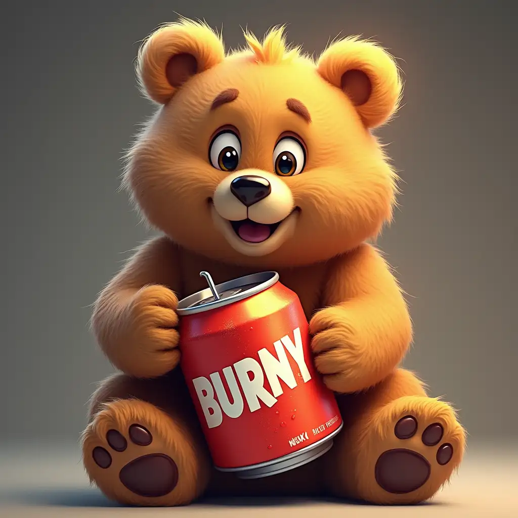 Adorable bear with fluffy fur, firmly holding a brightly colored can of energy drink “BURNY”. Bright colors, muted background, emphasis on clear lettering, soft lighting and high detail.