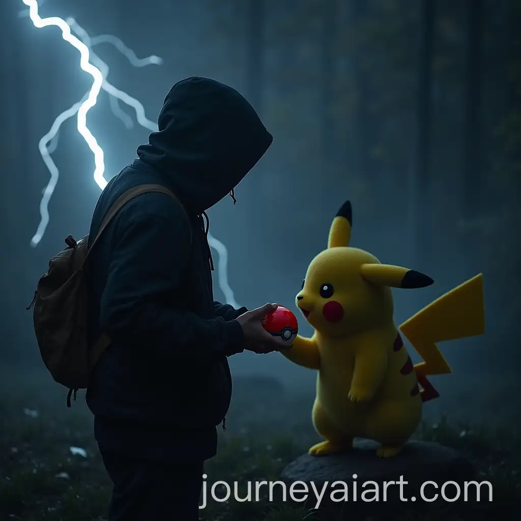 Dark-Pikachu-Lightning-Bolt-with-Hooded-Figure-Holding-Pokeball