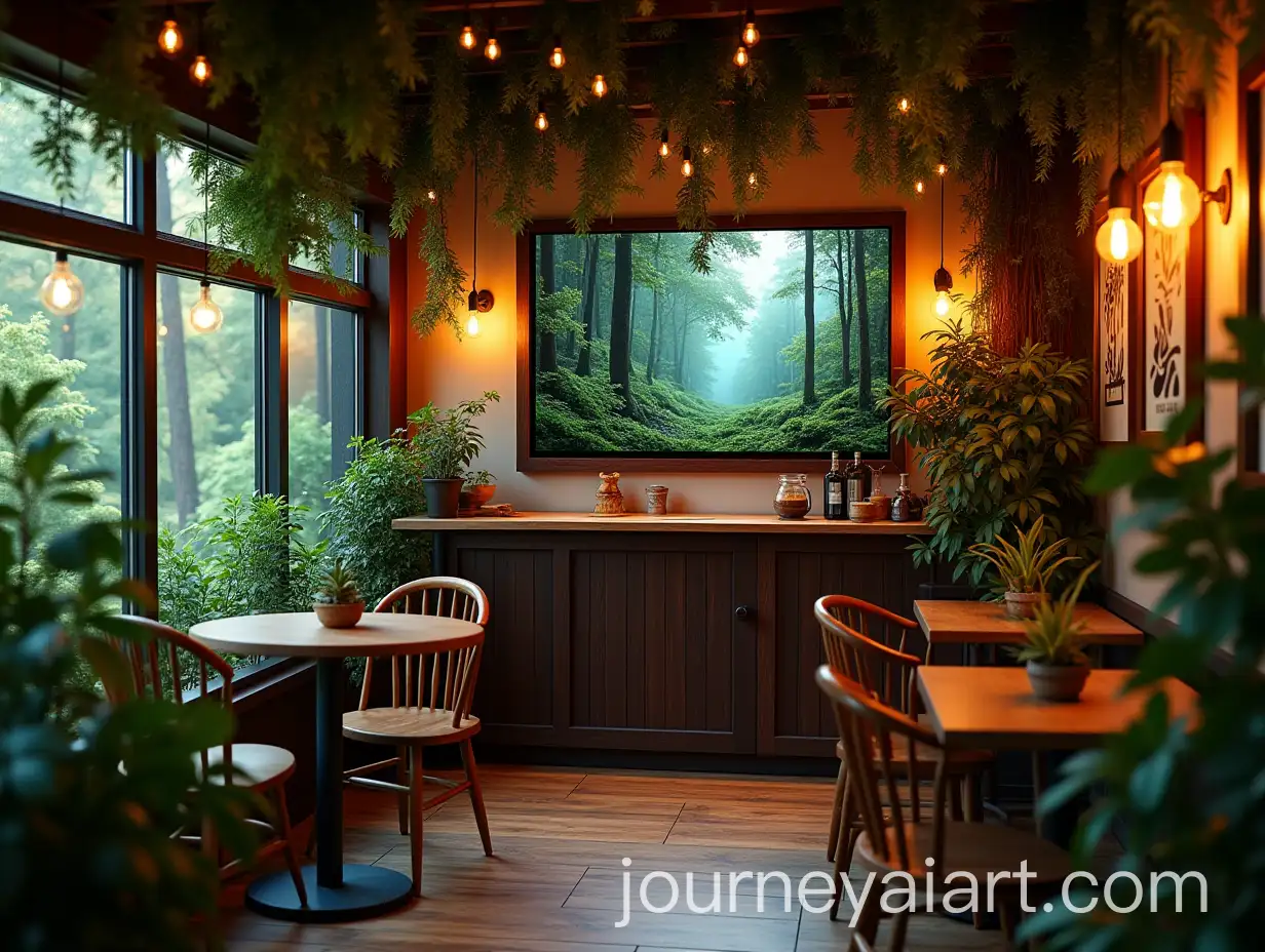 Cozy-ForestThemed-Coffee-Shop-with-Bright-Lights-and-Plants
