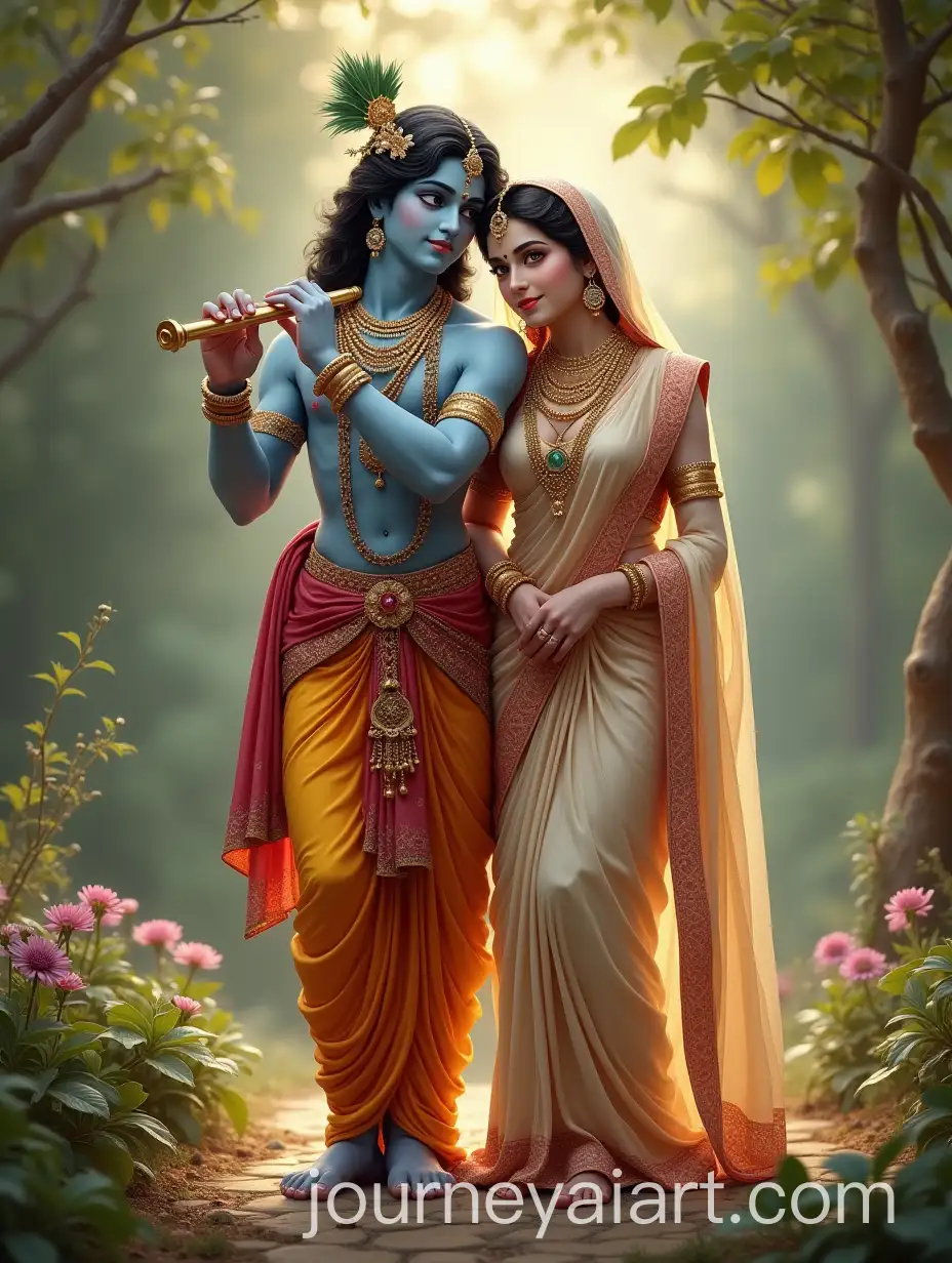 Radha-and-Krishna-in-Divine-Garden-with-Flute-Music-and-Elegant-Saree