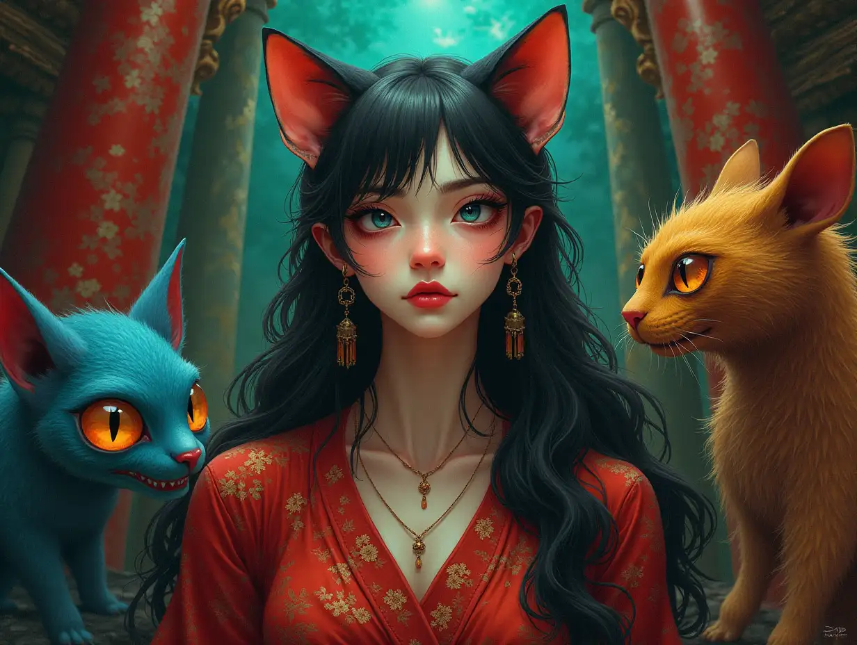 ultra detailed hyper realistic portrait a woman with cat eyes in a temple with various strange creatures with intricately detailed, colorful