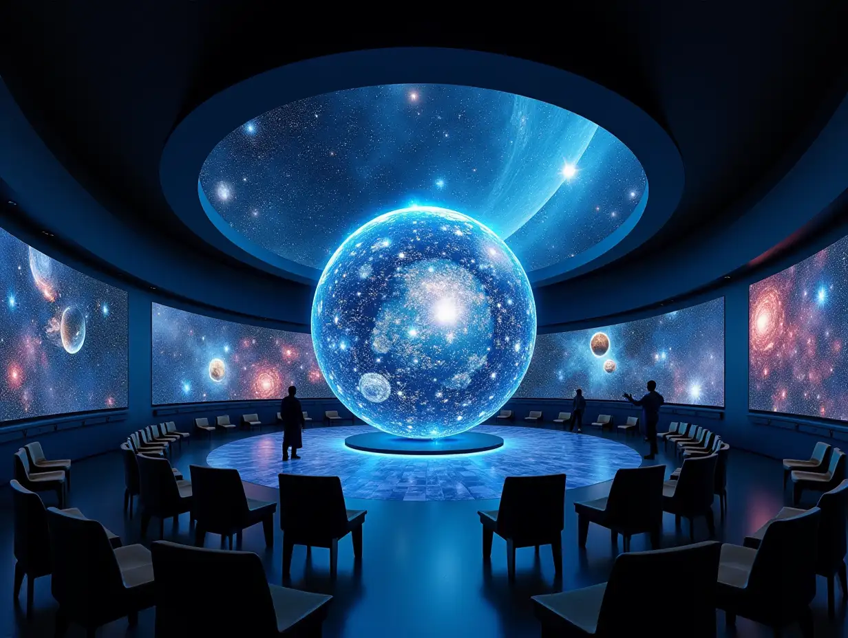 planetarium interior space, half sphere in the space, the sphere with led panel all around showing future technology, space travel, teleportation, flying, beautiful curious people looking at the exhibition, seats should be placed in the room