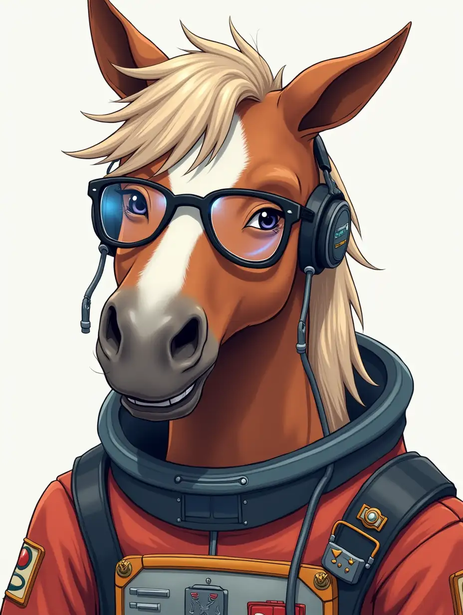 Anime. Anthropomorphic horse with glasses and spacesuit