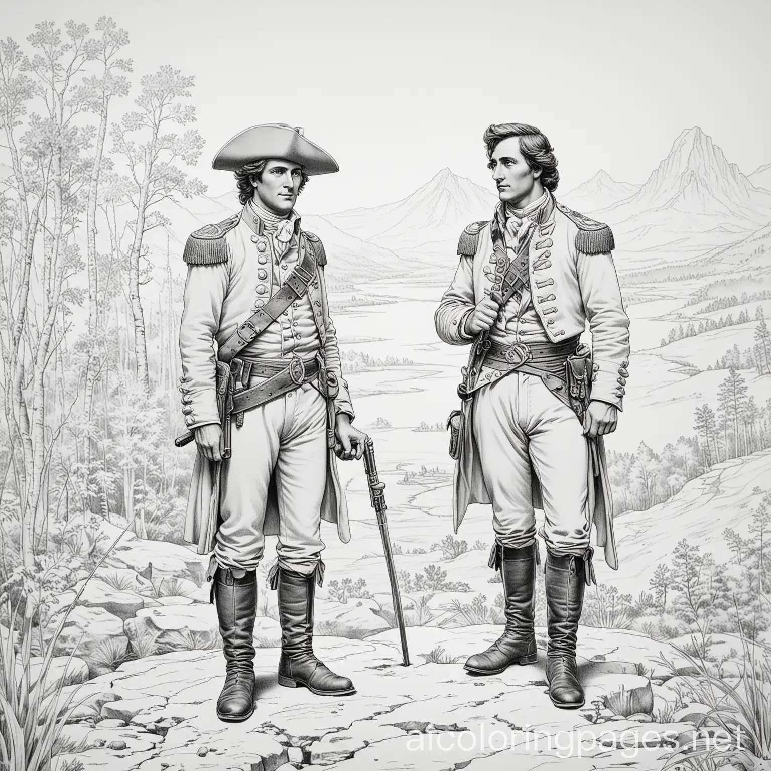 George Drouillard lewis and clark, Coloring Page, black and white, line art, white background, Simplicity, Ample White Space. The background of the coloring page is plain white to make it easy for young children to color within the lines. The outlines of all the subjects are easy to distinguish, making it simple for kids to color without too much difficulty