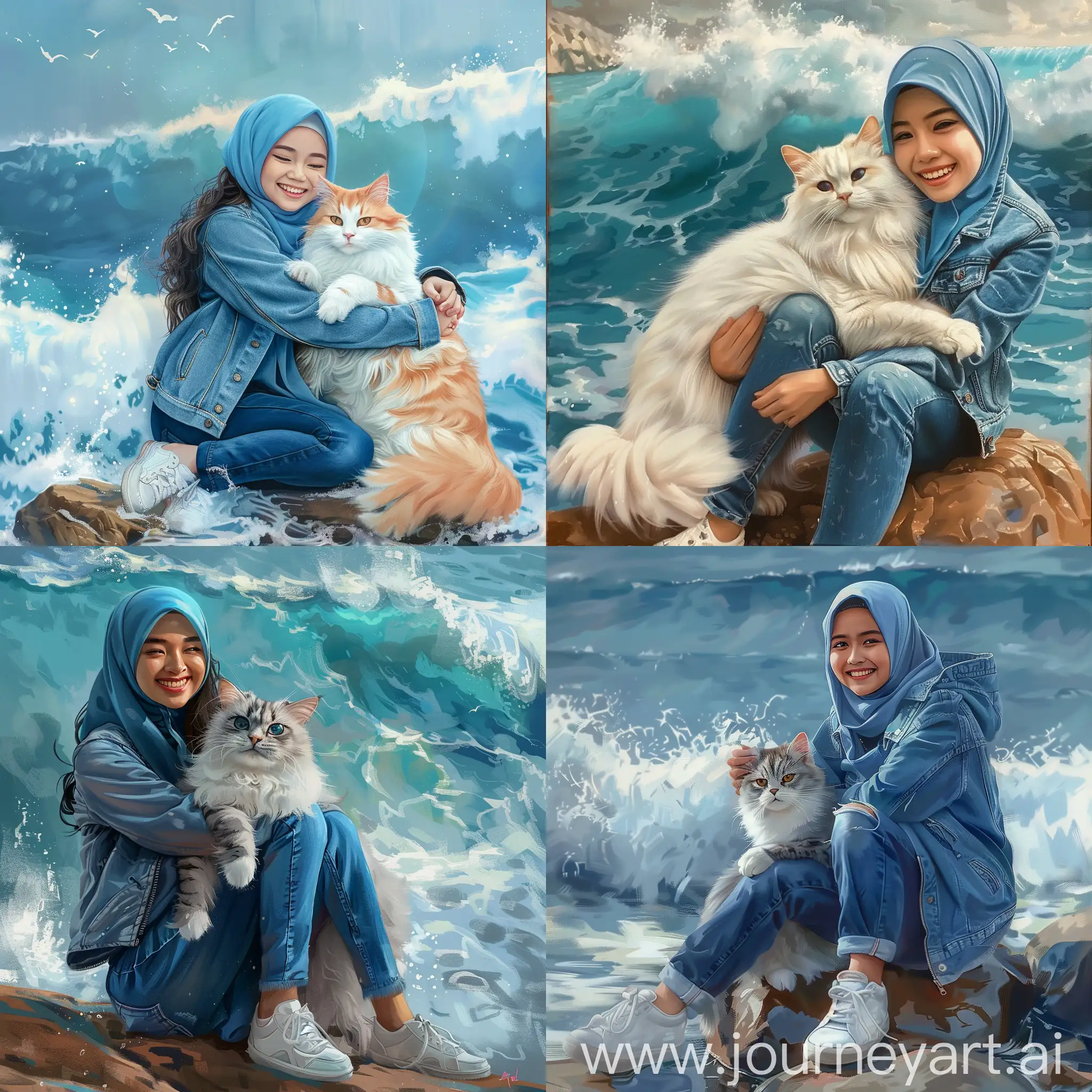 Smiling-Young-Indonesian-Girl-in-Blue-Hijab-Hugging-Persian-Cat-by-the-Sea