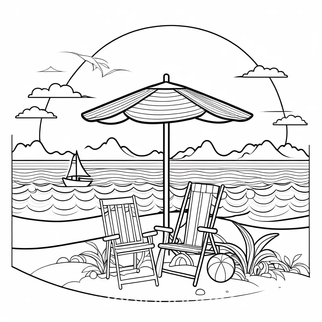 summer themed icecream beach sunny, Coloring Page, black and white, line art, white background, Simplicity, Ample White Space. The background of the coloring page is plain white to make it easy for young children to color within the lines. The outlines of all the subjects are easy to distinguish, making it simple for kids to color without too much difficulty