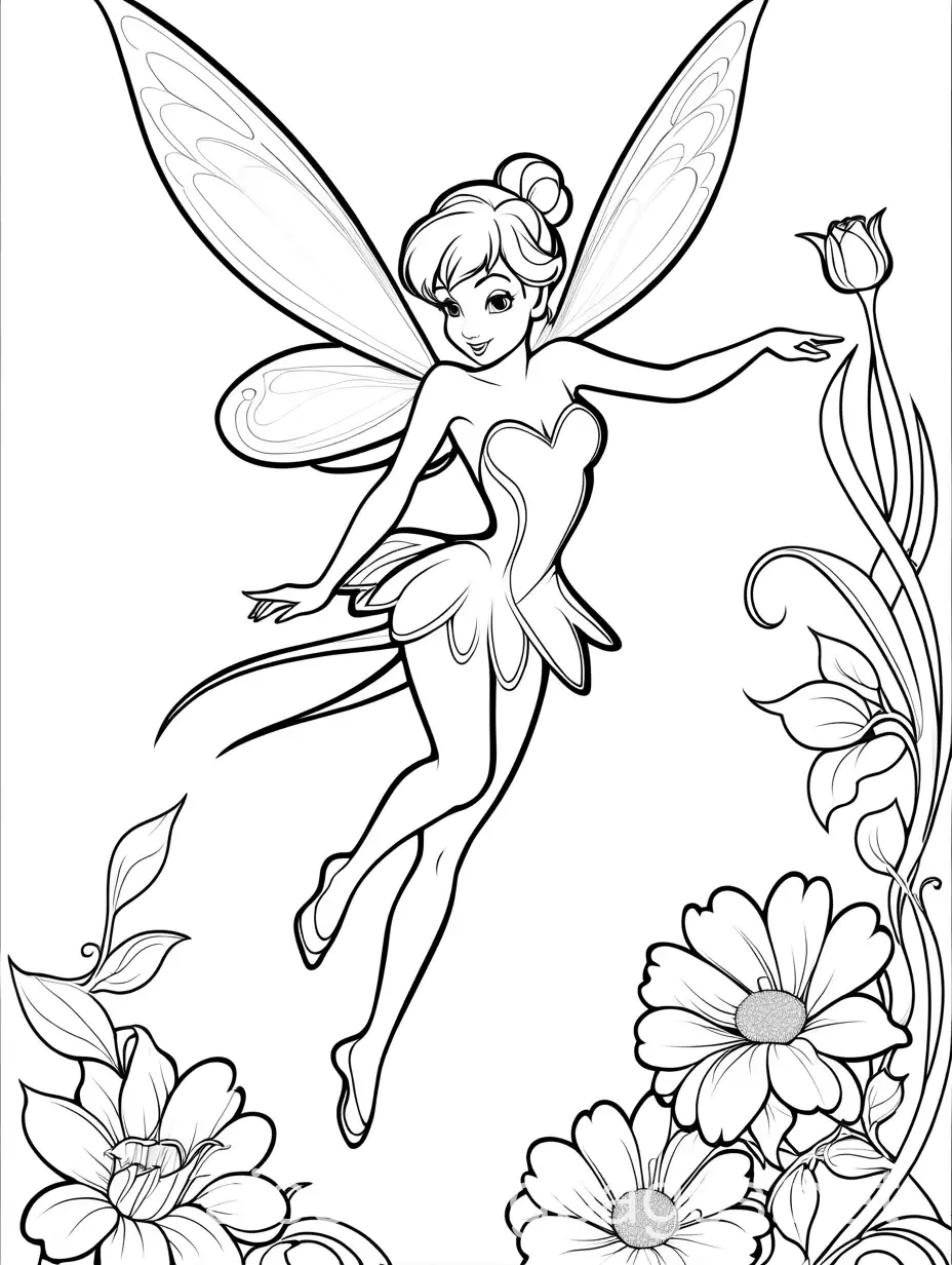 Tinkerbell-Fairy-Flying-to-a-Big-Flower-Coloring-Page