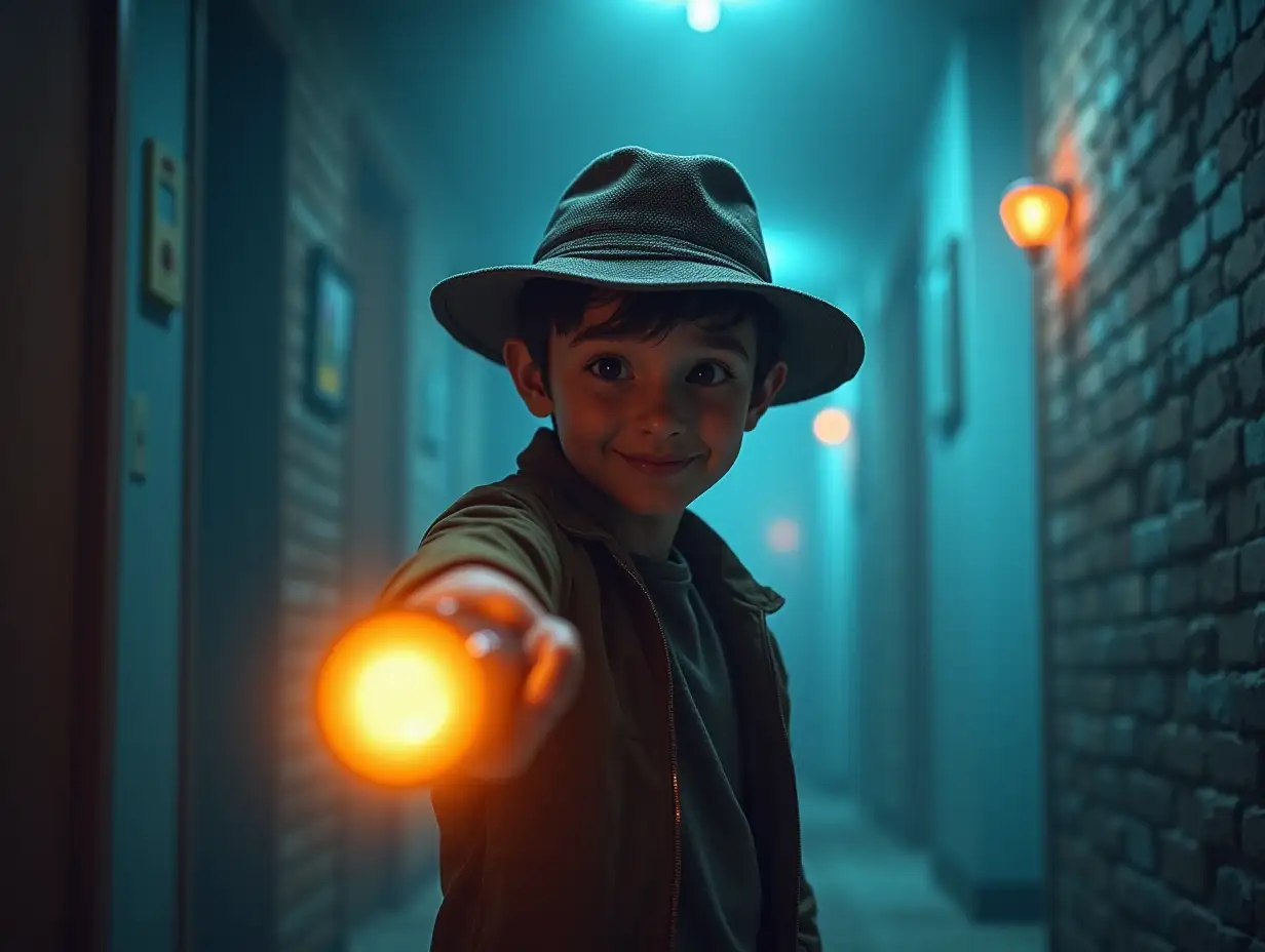 You burst onto the screen wearing a detective hat and holding a glowing 'Adjective Ray' toy (or a flashlight). The background shifts between a boring gray room and a vibrant, animated world.