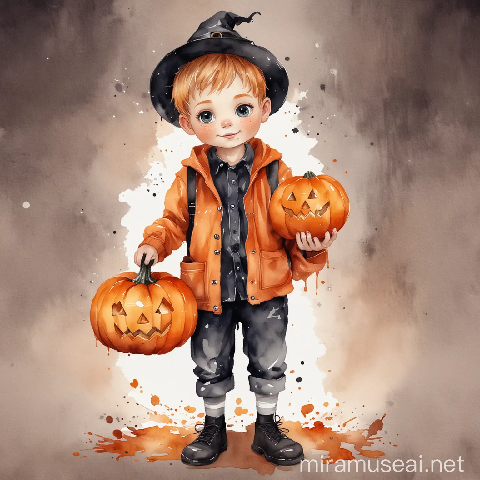 Watercolor Cute Boy Halloween with Pumpkin