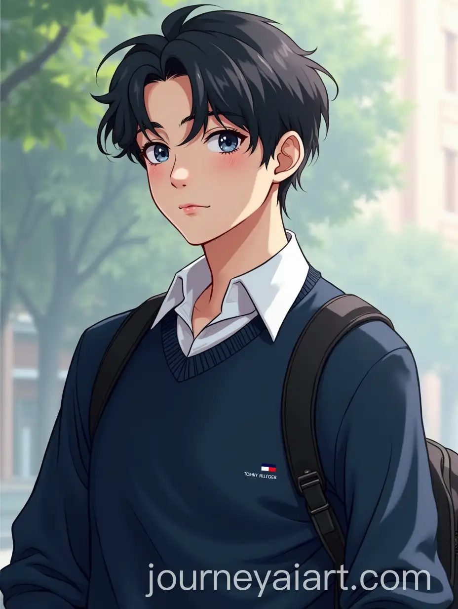 College-Boy-in-Tommy-Hilfiger-Sweater-with-Casual-University-Background