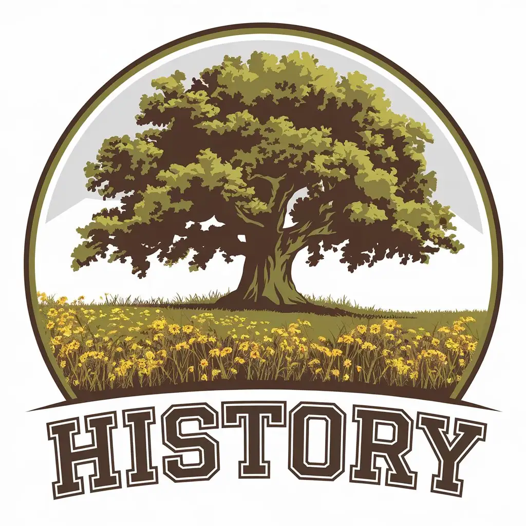 a vector logo design,with the text "History", main symbol:A giant Oak tree with a lush crown, and around a field of cornflowers,Moderate,be used in Education industry,clear background