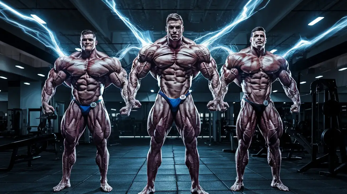 Three-Muscular-Bodybuilders-Gaining-Super-Strength-in-Empty-Gym-at-Night