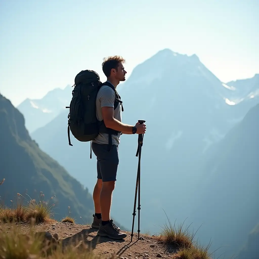 Please generate a picture of a 30 years old tall athletic man, hiker, standing on a top of a mountain, with a backpack and walking sticks (poles)