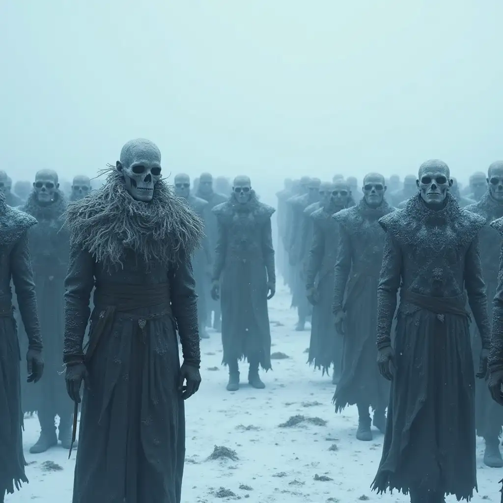 Illustrates the White Walkers reviving the dead to serve in their army, turning them into shadows of their humanity, empty and without their own will, in a cold and shadowy landscape.