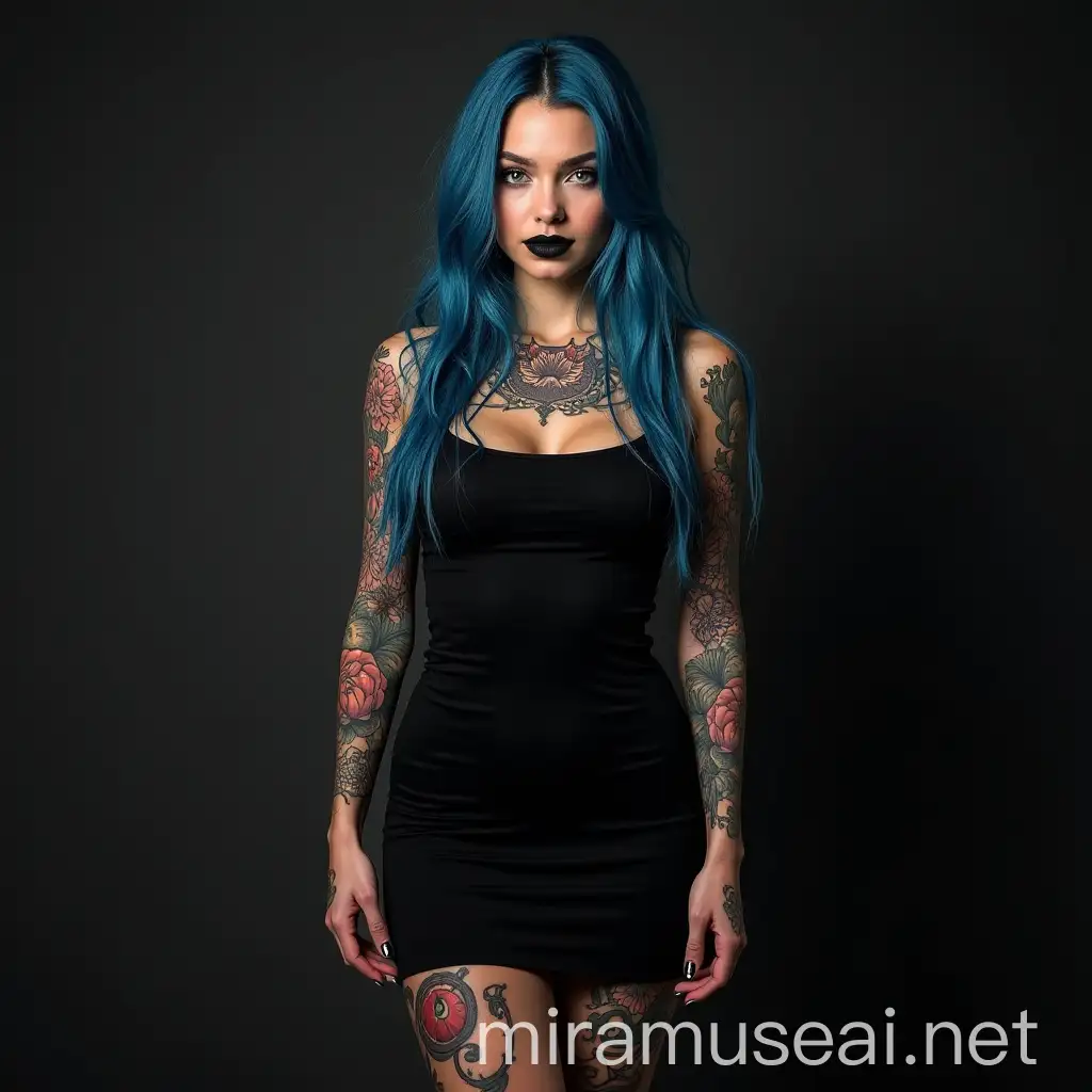 Photorealistic 30YearOld Woman with Long Blue Hair and Colorful Tattoos