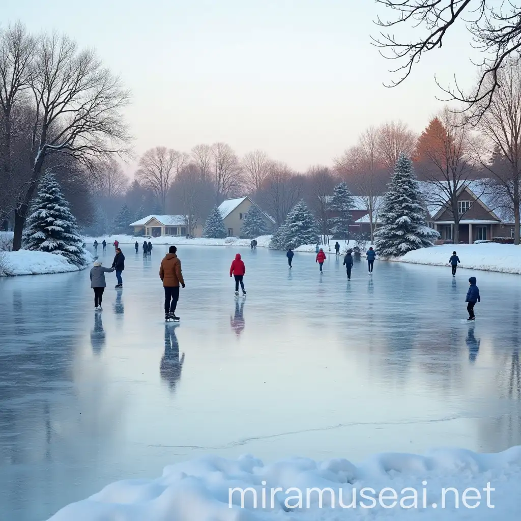 Joyful Ice Skating on a Community Lake