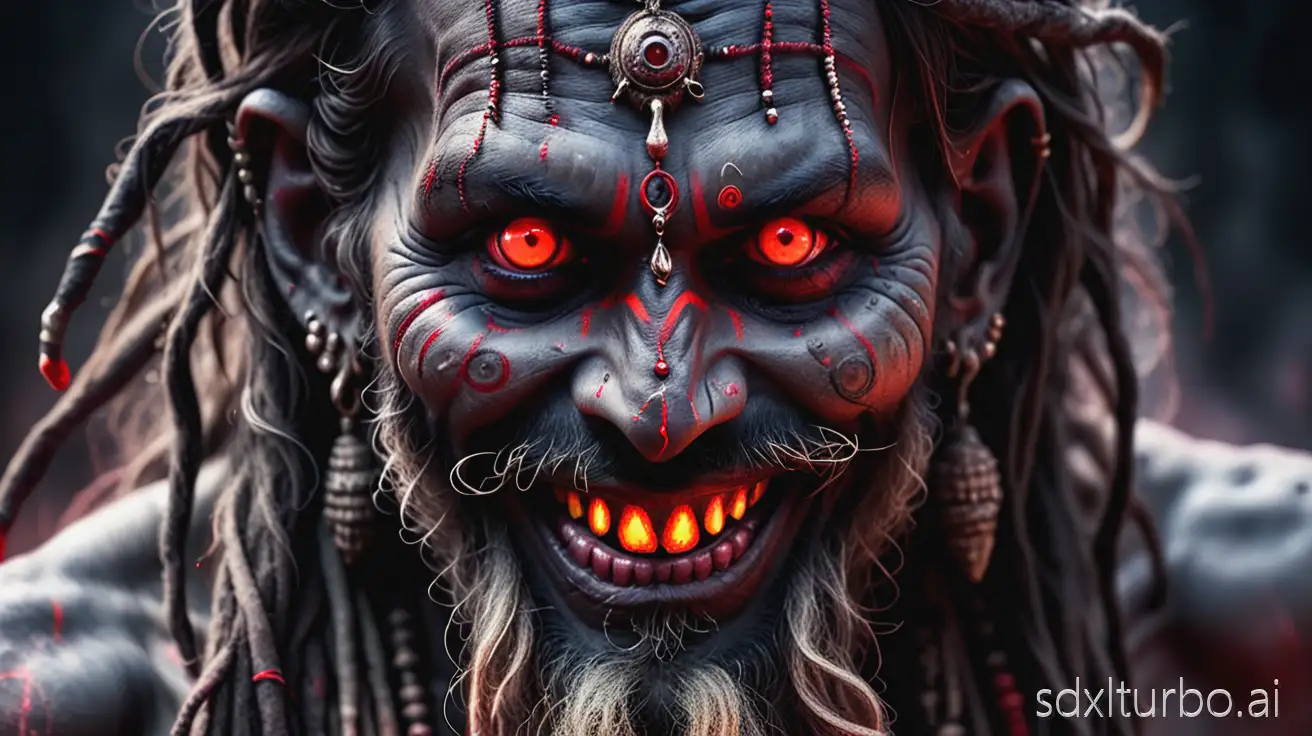 Close-up of Aghori face with glowing red eyes, sinister smile, ashes on skin, cinematic horror fantasy, ultra detailed