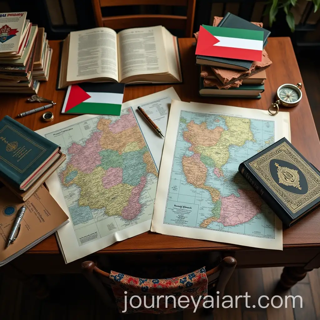Table-with-Books-Maps-and-Flags-Representing-Iran-and-Palestine