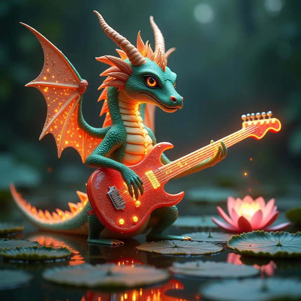 ultradetailed hyperrealistic portrait of a dragon with a glass electro guitar that is very beautiful and comes from the fire, and the area around him is a disco with glowing balls on a large lily pad in a pond