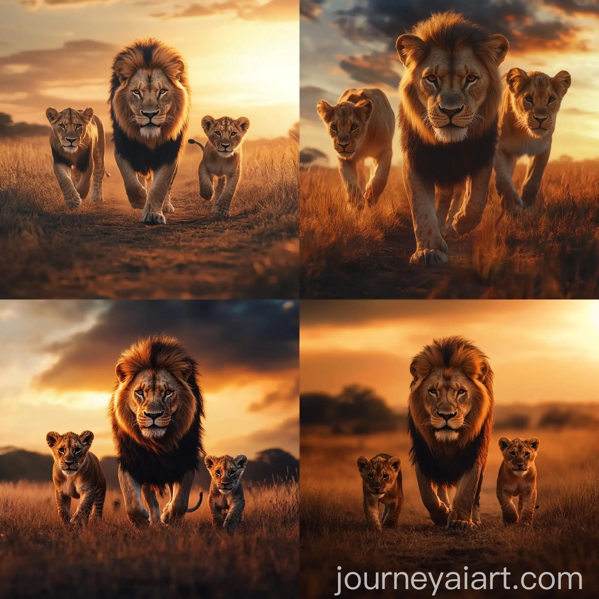 Lion-Family-Walking-Towards-Camera-in-Serengeti-Sunset