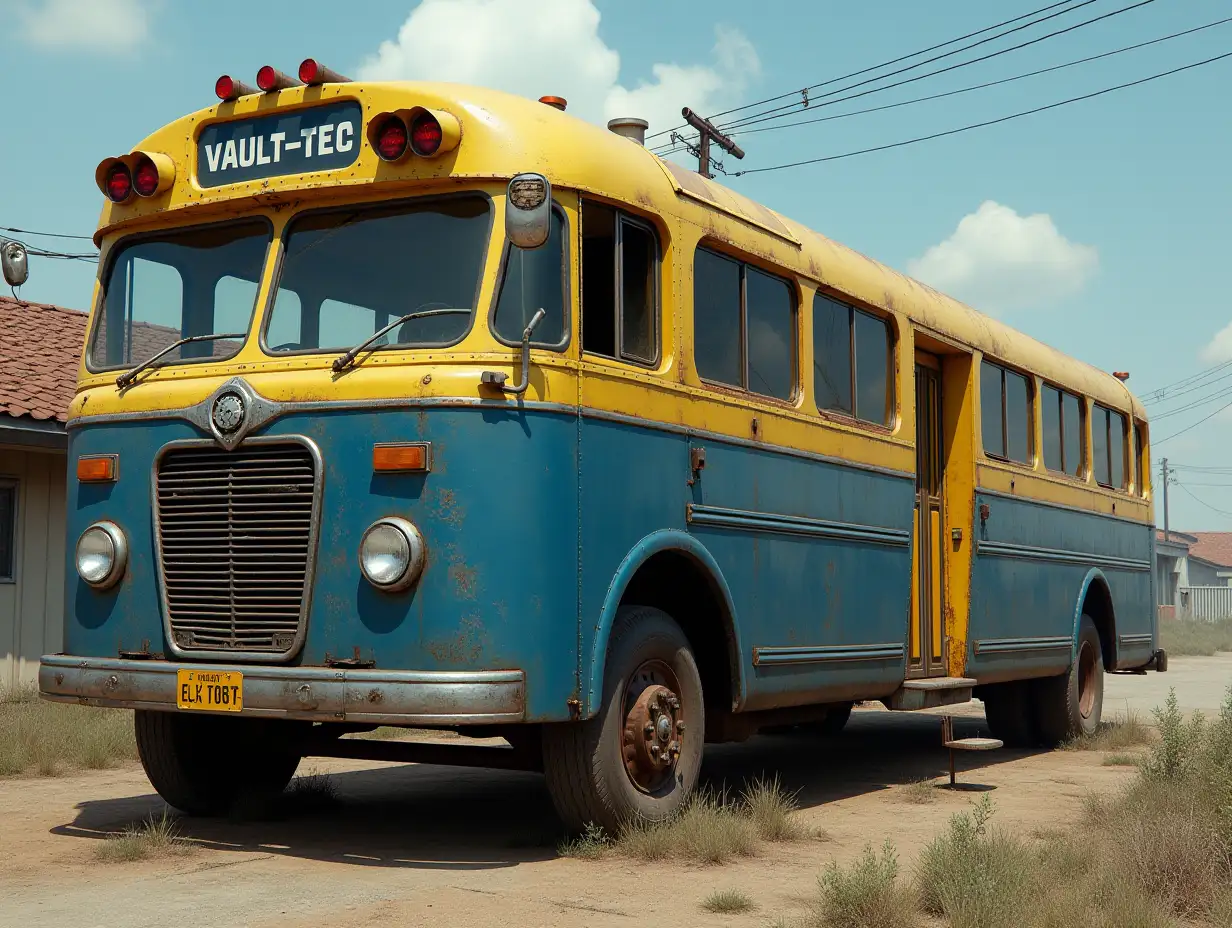 The Vault-Tec two-section bus is a futuristic transport designed by Vault-Tec. These buses were used to transport citizens to shelters during the disaster. Their design epitomises the Streamline aesthetic, characterized by their massiveness and sleek aerodynamic shapes.nThe bus is a large, two-section vehicle consisting of two compartments connected by a flexible accordion to increase its capacity. It is painted in deep blue and yellow colors, with the Vault-Tec logo symbolizing the company's reliability and technological superiority.nThe front of the bus is massive and streamlined, with large windows and a chrome grille. Side doors allow passengers to get on and off, and the sealed construction emphasizes that it has been adapted for emergency evacuation in radiation conditions.nThe bus looks worn, rust marks, time damage and wasteland dust can often be seen.