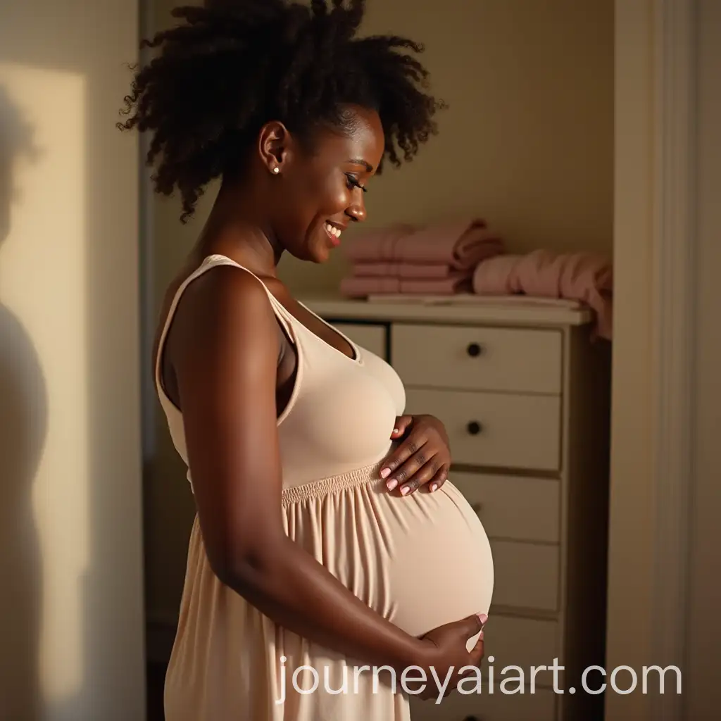 Pregnant-Black-Woman-Caressing-Belly-in-Front-of-Mirror-with-Soft-Smile-and-Baby-Clothes-Nearby