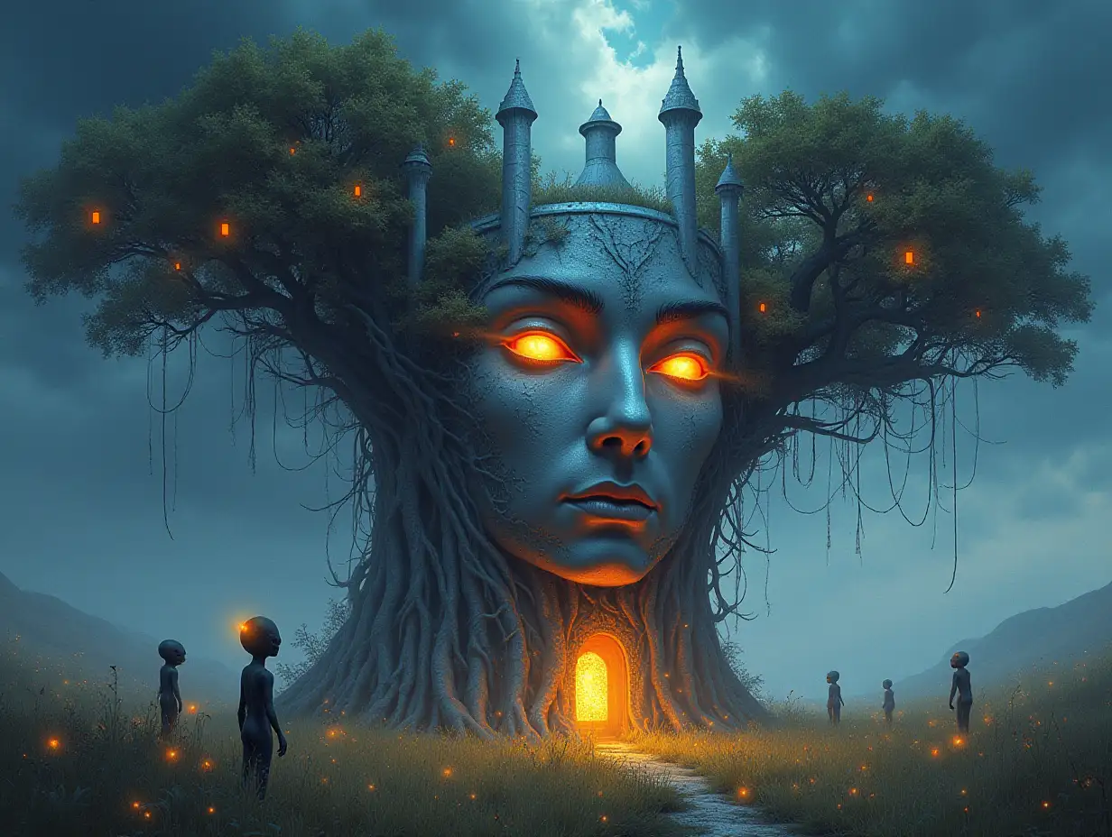 Creating a digital painting of a face with hair transforming into a building with silver stones and illuminated trees with roots and lanterns and strange beings-aliens on a meadow rainbow 