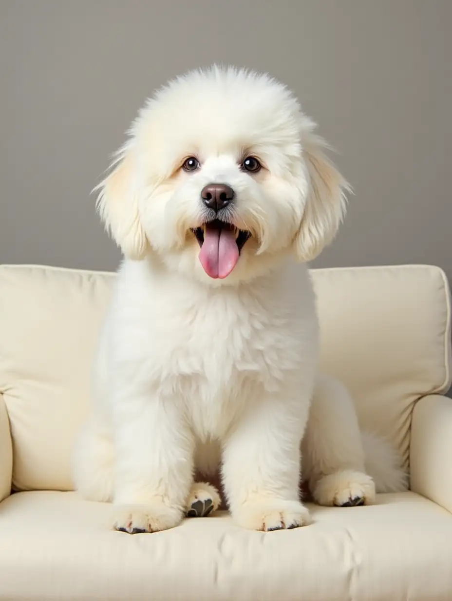 A very large white dog sits on a cream-colored sofa.