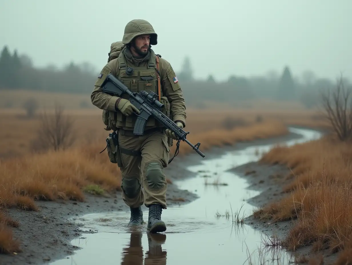 Hyperrealistic Armed Soldier Standing in a Puddle on Untamed Territory