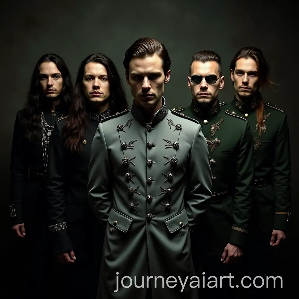 Dark-and-Atmospheric-Portrait-of-German-Neue-Deutsche-Hrte-Band-Stahlkrone-in-MilitaryInspired-Uniforms