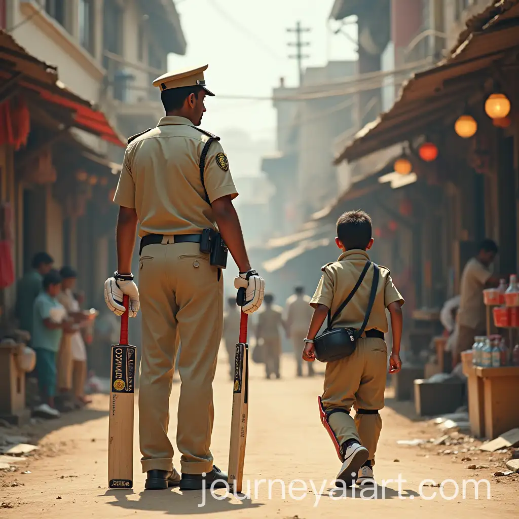 Policeman-on-Duty-at-Bazaar-with-Boy-Heading-to-Cricket-Club