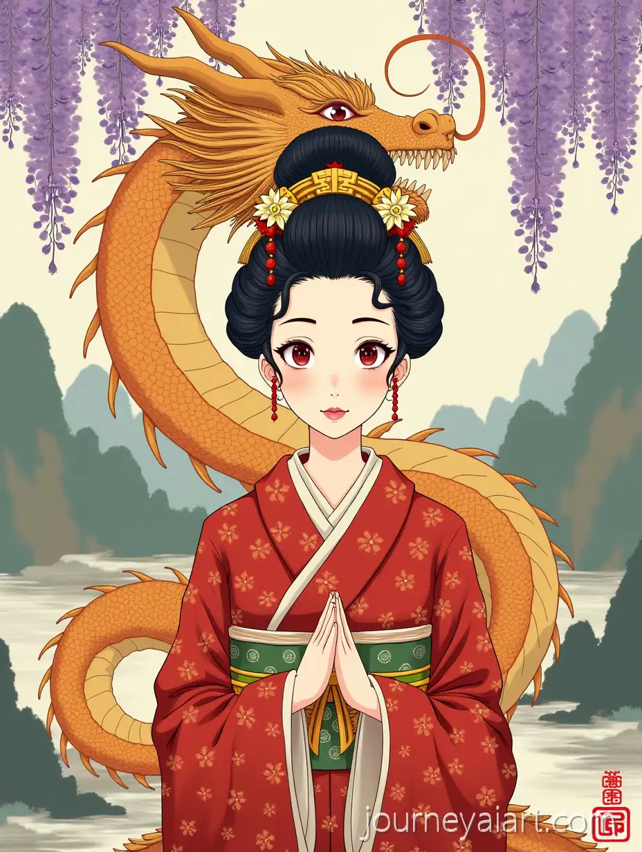 Elegant-Japanese-Woman-in-Red-Kimono-with-Golden-Dragon-andAI-Image-Prompt-Expansion-Wisteria-Flowers