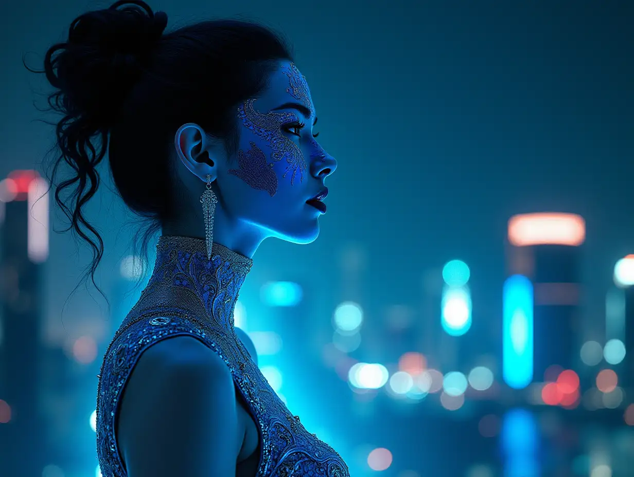 A woman with vibrant, blue skin and intricate facial markings gazes out at the city lights. She's adorned in a shimmering, silver gown with intricate, bioluminescent patterns, her posture regal and serene. Focus on the interplay of light and shadow on her skin and clothing. Realistic, otherworldly, Moebius inspired.