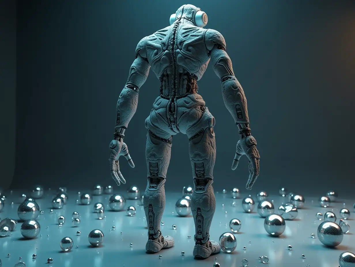 Create a high-resolution, realistic image of artificial intelligence (humanoid mixed Fractals patterns, two meters tall, with headphone arms and legs, with screws) and many small glass balls on the floor in a 4K resolution.