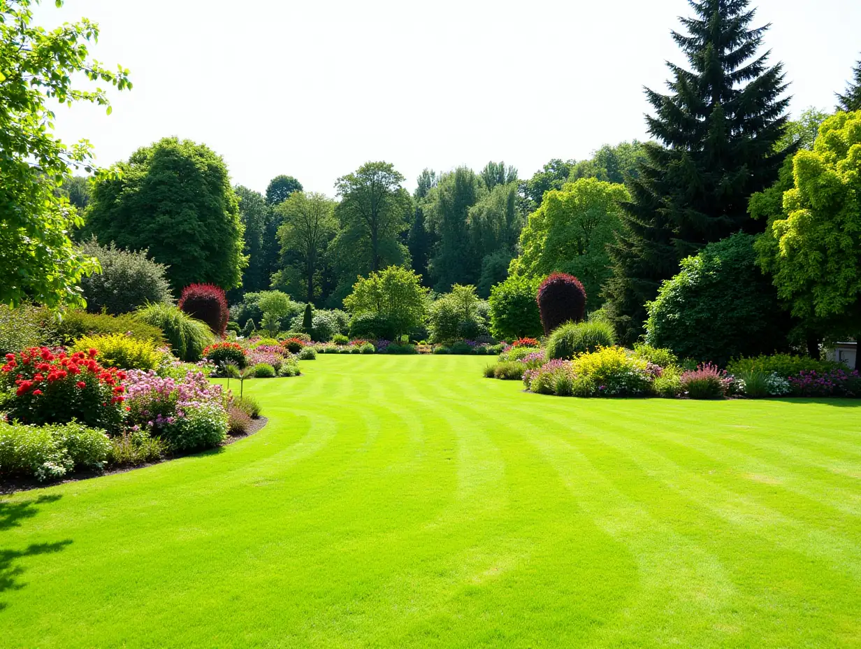 English cottage garden, flowering plant on smooth green grass lawn and group of evergreen trees in good care maintenance landscaping of a public park under white sky and sunshine morning