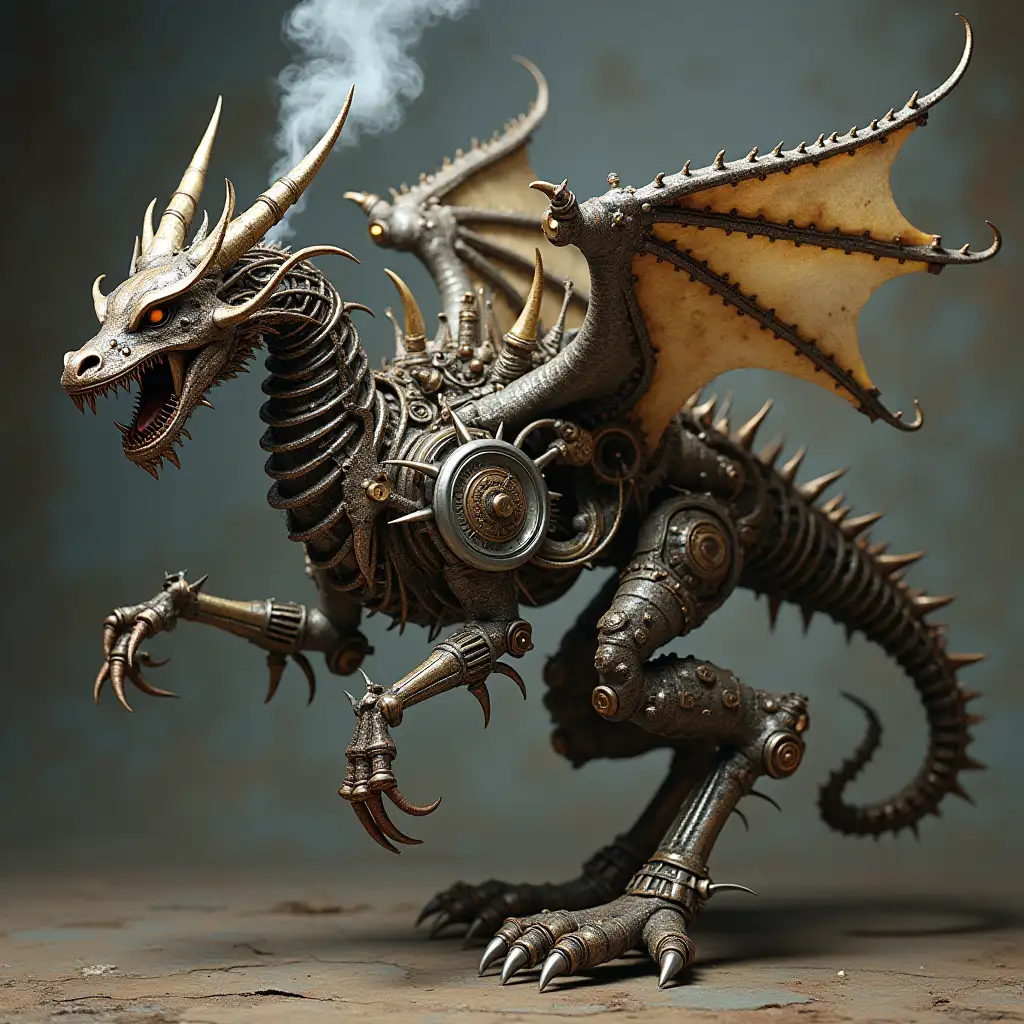 Steampunk Mechanical Dragon Towering on Steel Legs