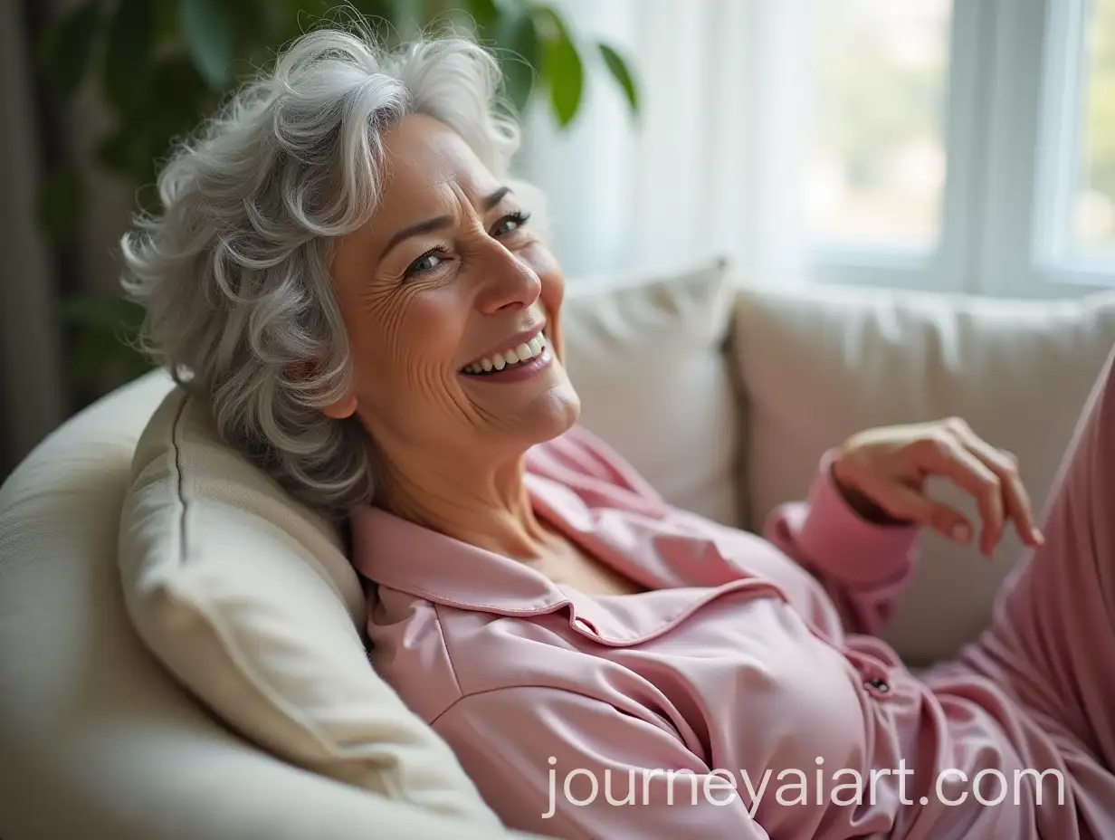 Elegant-60YearOld-Woman-Smiling-in-Silky-Pink-Pajamas-Relaxing-on-Sofa
