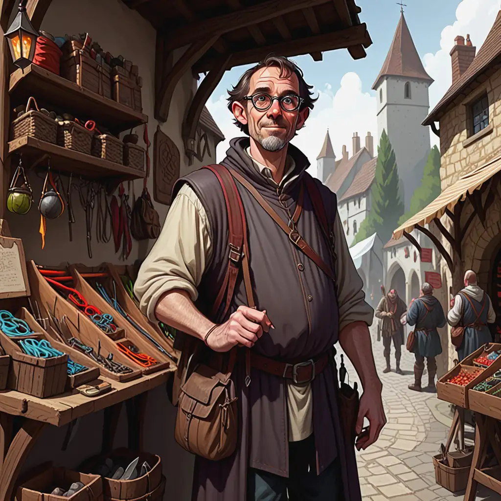 Medieval Market Stall Owner Selling Adventurer Gear