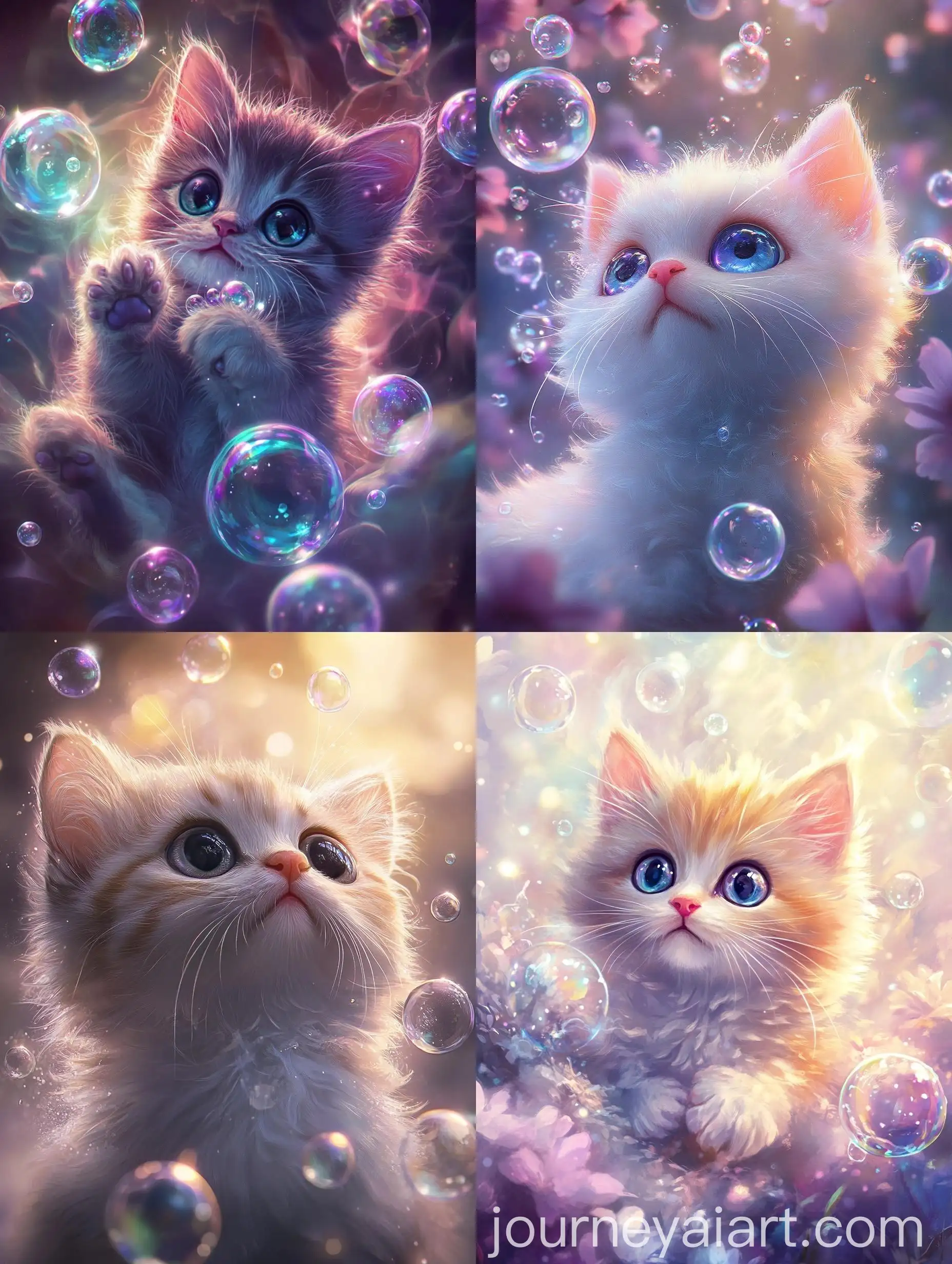 Adorable-Fluffy-Kitten-Playing-with-Soap-Bubble-in-Mystical-Sakura-Fog