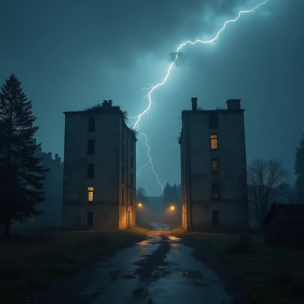 Eerie-Evening-Scene-of-HalfRuined-Buildings-Under-a-Thunderstorm