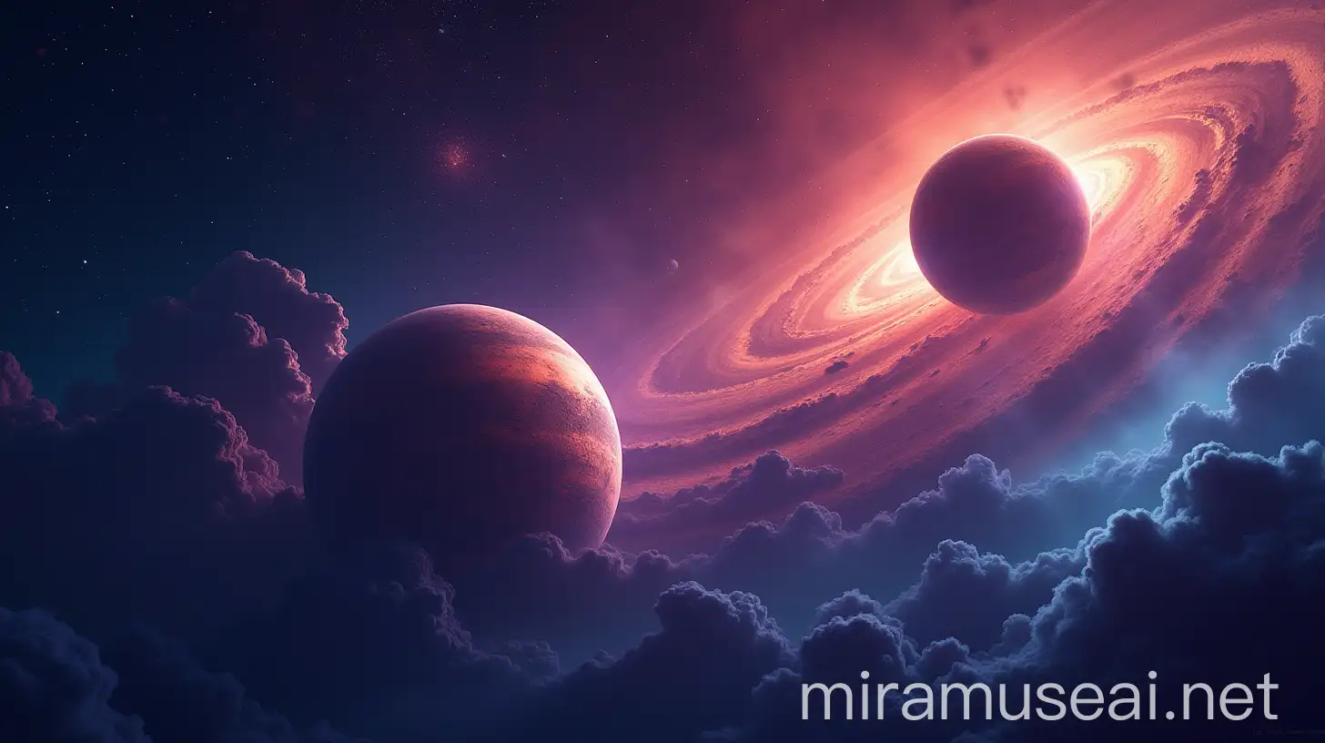 Colorful Space Scene with Planet and Moon