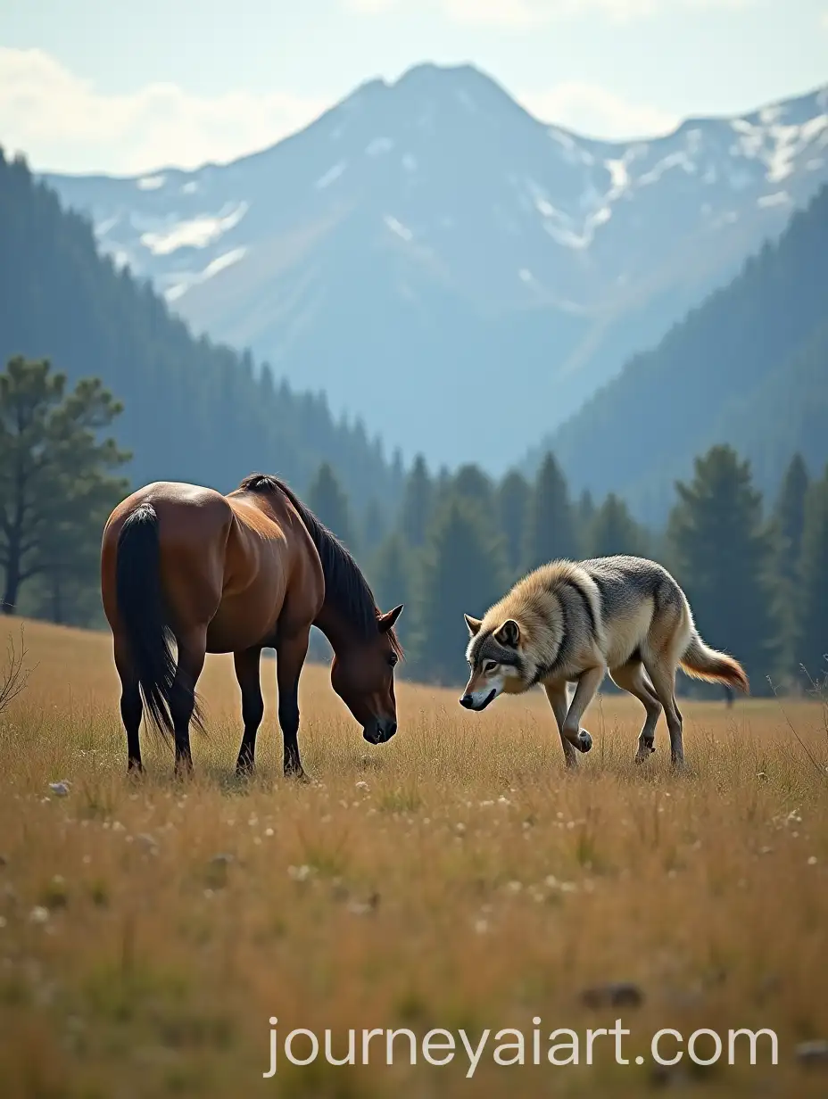 Horse-and-Wolf-Confrontation-in-Mountain-Fields