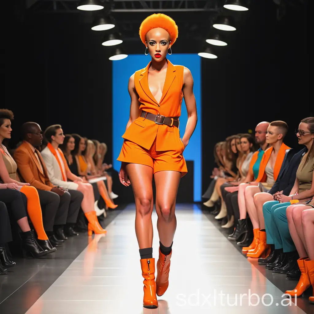 AfroAmerican-Model-in-Orange-Cuffed-Dress-Shorts-and-Matching-Vest-at-Fashion-Show-Runway